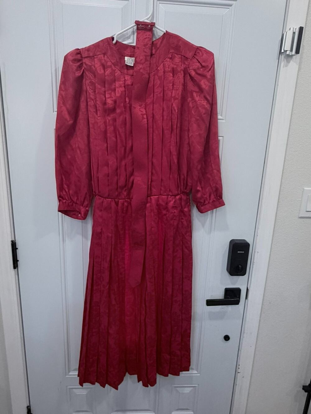 Axiom Womens Red Floral Jacquard Pleated Midi Dress Long Sleeve Belt Holiday